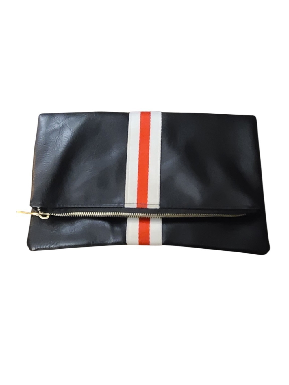 Funk Monkey Black Leather Fold-Over Clutch with White and Red Stripe